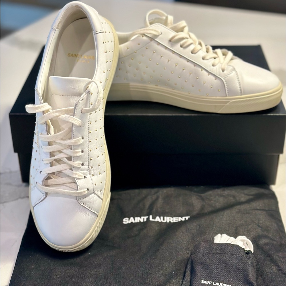 Saint Laurent Andy Pearl Low Top Sneakers White Leather w/ Gold Accents Size 39